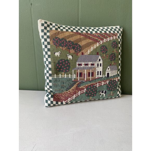 Needlepoint Pillow Farm Country Cows Nature Barn Cottage Core Vintage Decoration - Picture 6 of 7